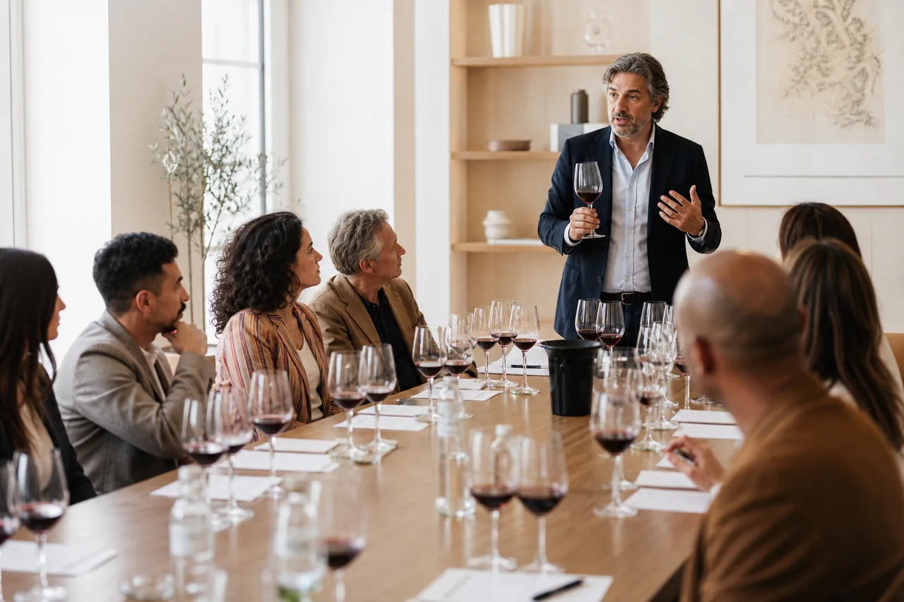 Masterclass sul vino con docente e partecipanti al tavolo di degustazione