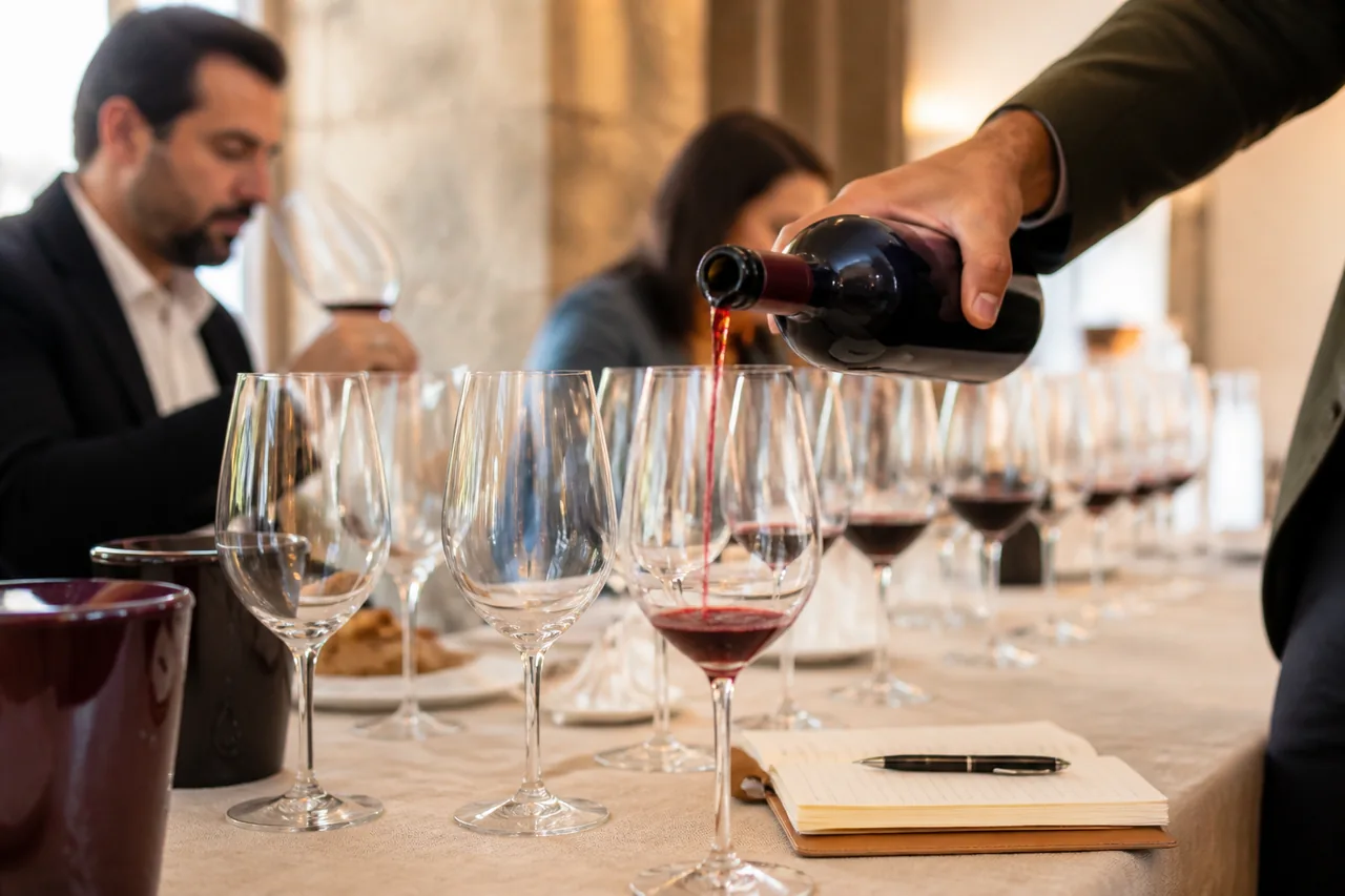 Sommelier che versa vino rosso durante una degustazione professionale