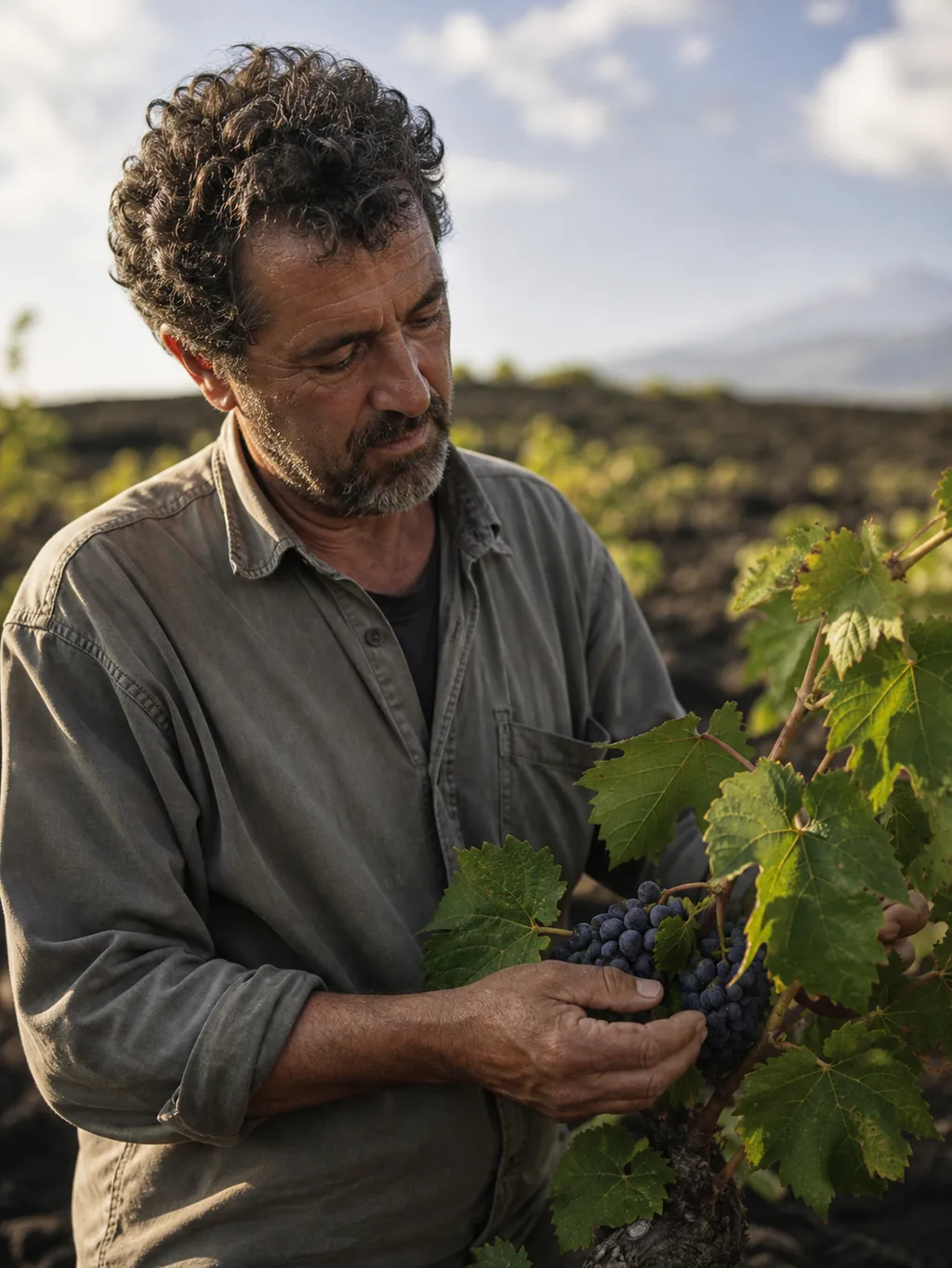 Viticoltore siciliano mentre osserva un grappolo d'uva in vigna